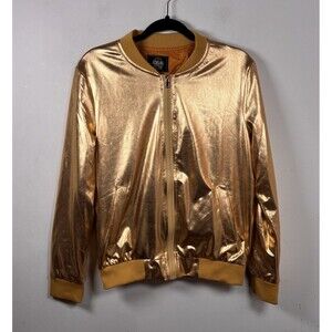 JOGAL Style S Metallic Gold Bomber Jacket Y2K Shiny Zip Up Streetwear